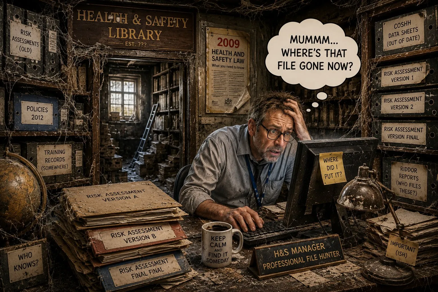An H&S manager surrounded by chaotic shelves of mislabelled files and multiple risk assessment versions.