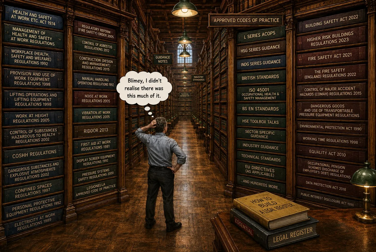 A person dwarfed by a vast library of legislation.