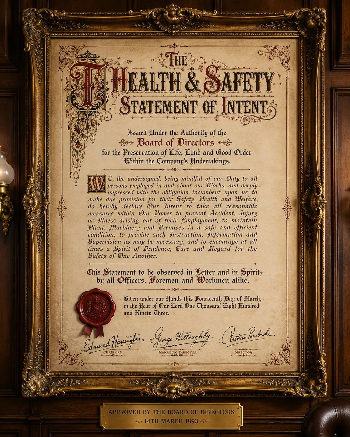 An ornate Victorian framed Health and Safety statement of intent.