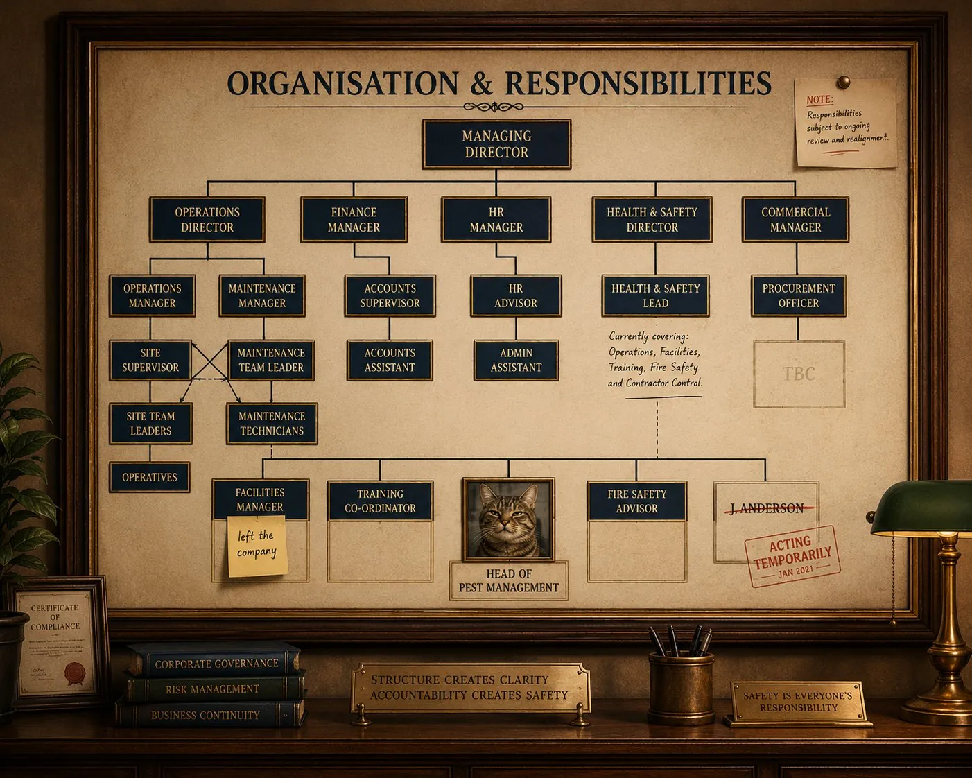 A formal organisation chart with a cat captioned Head of Pest Management and several broken or vacant boxes.